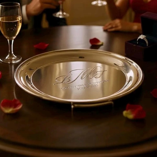 Silver Tray Engraved, Custom Sizes 8 10 12 Inch Shiny Silver Plated Tray Personalized Round Silver Plate With Logo, Wedding Anniversary Gift