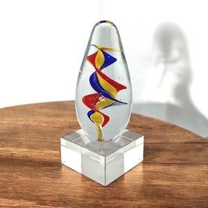 Color Spiral Multi Colored Art Glass Award - Hand Blown Artistic Glass Award with Multiple Colors & Engraved Plate - Red Blue Yellow Award