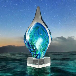 Turquoise Twist Art Glass Corporate Award, Artistic Hand Blown Glass Award with Custom Engraved Plate, Engraved Award, Glass Trophy Gift