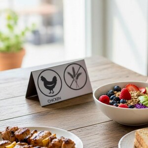 Letrero de mesa para catering, grabado en plata, estilo carpa, letrero de metal de mesa personalizado, letrero de conserjería plateado, vitrina de exhibición reservada en ángulo, tamaño personalizado