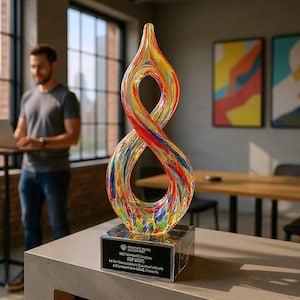 Glass Trophy, Multi Colored Art Glass Award, Corporate Award, Hand Blown Artistic Glass Award, Custom Engraved Rainbow Award, LGBTQ Gift