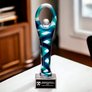 Sky Victory Art Glass Corporate Award - Personalized Hand Blown Blue & Green Glass Award with Engraved Plate - Engraved Award - Glass Trophy