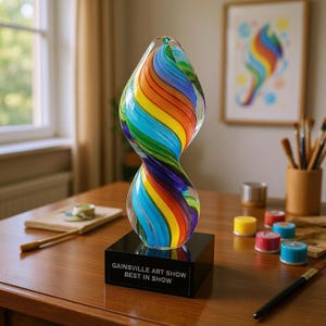 May include: A colorful glass sculpture with a twisted, hourglass shape, featuring vibrant rainbow stripes. It sits on a black base with the text "GAINSVILLE ART SHOW BEST IN SHOW". The artwork is displayed on a wooden table.