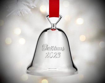 Silver Jingle Bell Christmas Ornament with Custom Engraving - Reed and Barton Shiny Silver Bell for Yearly Traditions - First Christmas