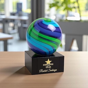 Blue & Green Circle Art Award Personalized Glass Retirement Boss Gift Employee Gift Engraved Corporate Recognition Award Glass Sculpture
