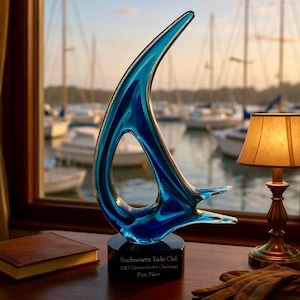 Sailing Trophy, Sailboat Award, Blue Art Glass Corporate Award Personalized Artistic Achievement Award Engraved Award Custom Boating Trophy