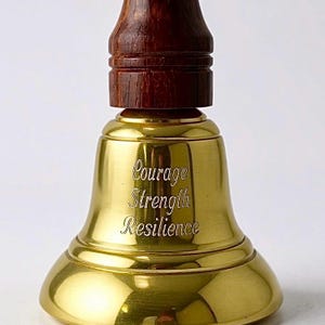 Custom Engraved Golden Handbell Wooden Handle School Bell Teacher Gift Cancer Bell Personalized Gold Bell Cancer Survivor Stock Market