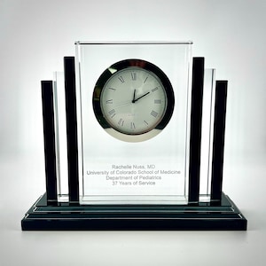 Black Crystal Clock Award,  Personalized Corporate Crystal Clock Award,  Engraved Clock Award, Practical Engraved Retirement Gift Desk Clock
