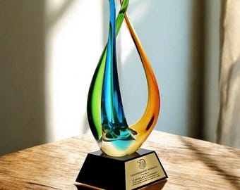 The Tripod Orange Blue Green Art Glass Corporate Award - Personalized Artistic Blown Glass Award with Custom Engraved Trophy for Business