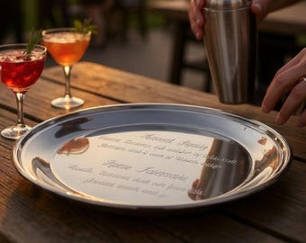 Engraved Silver Tray Custom Size 10 12 Inch Shiny Silver Plated Tray Personalized Round Silver Plate Cocktail Accessories Gift Drink Recipe