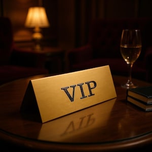 Puede incluir: Un letrero VIP dorado con letras negras sobre una mesa de madera oscura. Una copa de vino blanco y un pequeño libro también están sobre la mesa. Una lámpara y sillas están en el fondo.