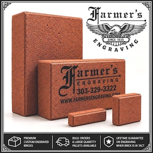 May include: Four red clay bricks of varying sizes arranged together. The front-most brick features black text reading Farmer's Engraving, 303-329-3322, and WWW.FARMERSENGRAVING.COM. A logo with an eagle and the text Farmer's Engraving SINCE 1935 is visible.