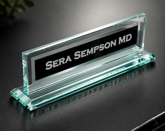 Modern Glass Desktop Name Sign, Glass Name Plate, Desk Name, Engraved Desk Identifier With Black, Custom Engraved Desk Sign for New Job