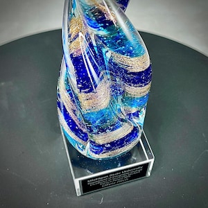 Nautical Twist Blue & Gold Flake Art Glass Award, Personalized Artistic Blown Glass Award, Custom Engraved Desktop Award, Unique Award