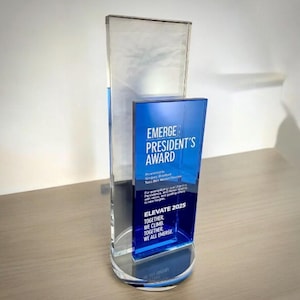 Blue Endeavor Optic Crystal Award - Personalized Corporate Crystal Award - Silver Filled Etching - Contemporary Blue & Silver Engraved Award