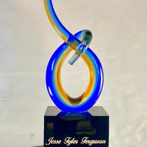 Sunset Loop Hand Blown Glass Award - Blue and Orange Art Glass Award With Gold Filled Custom Engraving Directly Into Base - Glass Trophy