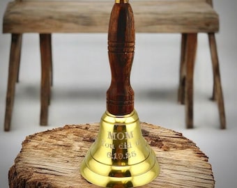 Engraved Solid Brass Handbell Wooden Handle - School Bell - Teacher Gift - Cancer Bell - Personalized Gold Bell Cancer Survivor Stock Market