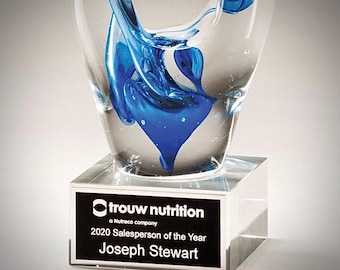 Mothers Sculpture Art Glass Award - Personalized Artistic Hand Blown Glass Trophy with Engraved Plate - Engraved Award - Glass Sculpture