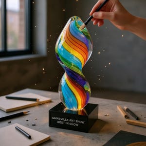 Może przedstawiać: Kolorowa szklana rzeźba z tęczowym wzorem wirowym, zamontowana na czarnej podstawie. Na podstawie napis "GAINSVILLE ART SHOW BEST IN SHOW". Ręka z pędzlem wydaje się dodawać ostatnie szlify do dzieła sztuki. Rzeźba stoi na stole z materiałami artystycznymi.