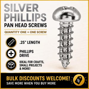 以下が含まれることがあります： 光沢のあるシルバーのフィリップス皿頭ねじ。画像には「Silver Phillips Pan Head Screws」と「Quantity One = One Screw」と書かれています。ネジの長さは0.64cmで、フィリップスドライブです。