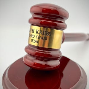 Rosewood Judges Gavel With Custom Engraved Brass Plate, 10” Rosewood Piano Finish Chairman’s Gavel Set With Engraved Plate & Sounding Block