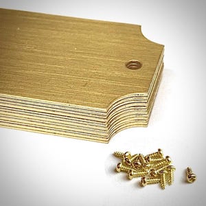 Puede incluir: Una pila de etiquetas metálicas doradas con un borde decorativo y un agujero pretaladrado. Un montón de tornillos pequeños de color dorado está junto a las etiquetas. Las etiquetas y los tornillos están sobre un fondo blanco.