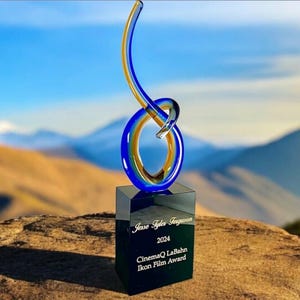 Sunset Loop Hand Blown Glass Award - Blue and Orange Art Glass Award With Gold Filled Custom Engraving Directly Into Base - Glass Trophy
