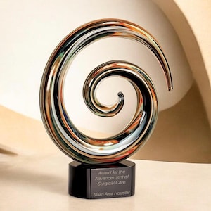 Decorative Desktop Award, Personalized Swirl Hand Blown Glass Sculpture with Engraved Plate, Custom Engraved Glass Trophy, Corporate Gift