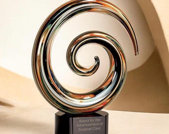 Decorative Desktop Award, Personalized Swirl Hand Blown Glass Sculpture with Engraved Plate, Custom Engraved Glass Trophy, Corporate Gift