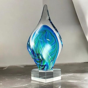 Turquoise Twist Art Glass Corporate Award - Personalized Artistic Hand Blown Glass Award with Engraved Plate - Engraved Award - Glass Trophy
