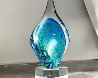 Unique Artistic Glass Corporate Award, Personalized Hand Blown Glass Gift, Custom Engraved Award - Glass Trophy