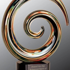 Decorative Desktop Award, Personalized Swirl Hand Blown Glass Sculpture with Engraved Plate, Custom Engraved Glass Trophy, Corporate Gift