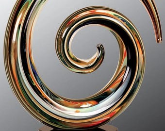 Decorative Desktop Award, Personalized Swirl Hand Blown Glass Sculpture with Engraved Plate, Custom Engraved Glass Trophy, Corporate Gift