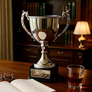 Pu&ograve; includere: Un trofeo d'argento con manici ornati e una base nera, esposto su una scrivania di legno. Il trofeo ha una finitura lucida e un bordo decorativo. Un bicchiere di liquido ambrato e un libro aperto sono anche sulla scrivania.