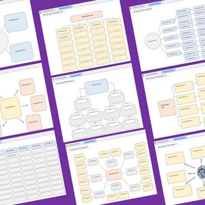 Puede incluir: Nueve plantillas de mapas mentales diferentes con varios diseños y estilos. Las plantillas están diseñadas para la lluvia de ideas, la planificación y la organización de ideas. Cada plantilla presenta un área de tema central y ramas para subtemas.