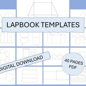 Könnte beinhalten: Ein Satz von 40 druckbaren Lapbook-Vorlagen zum Erstellen interaktiver Lernaktivitäten. Die Vorlagen bieten verschiedene Formen und Layouts, darunter Kreise, Quadrate, Rechtecke und Dreiecke. Der Text "LAPBOOK TEMPLATES" und "DIGITAL DOWNLOAD" ist im Bild enthalten.