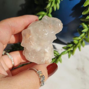 Cute happy hand carved flower agate elephant with quartz, natural