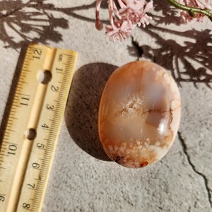 May include: A smooth, oval-shaped agate stone with a white and orange banded pattern. The stone is approximately 2 inches in diameter and has a natural, polished finish.