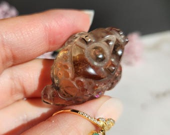 AAA golden rutile money toad with black tourmaline carvings, money frog 34B