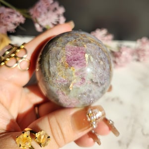 Natural pink tourmaline sphere with sparkly lepidolite, Smoky and clear quartz, E