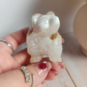 Pretty flower agate sitting bear carving, natural, hand carved self standing
