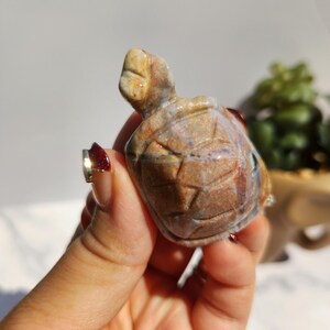 Puede incluir: Una figura de tortuga de piedra tallada en tonos marrón, beige y crema. La tortuga tiene un patrón de caparazón detallado y una cabeza pequeña. La figura se sostiene en una mano, con un fondo borroso.