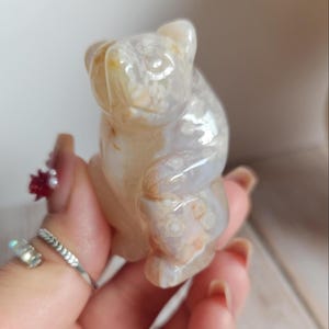 Pretty flower agate sitting bear carving, natural, hand carved, self standing