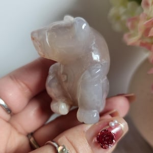 Cute flower agate sitting bear carving, natural, hand carved, self standing
