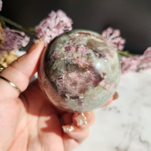 Beautiful pink tourmaline sphere with smokey quartz, sparkly lepidolite and clear quartz  B