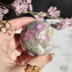 Natural pink tourmaline sphere with sparkly lepidolite, Smoky and clear quartz, E