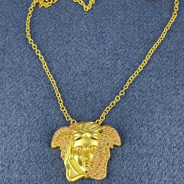Vintage Versace Gold Plated Chain Pendant Medusa Logo Necklace - Classic Luxury Statement Piece