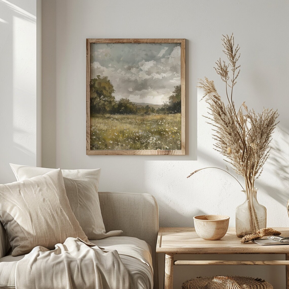 Whispers of Spring Digital Art Print, Daisy Field Landscape, Cloudy ...