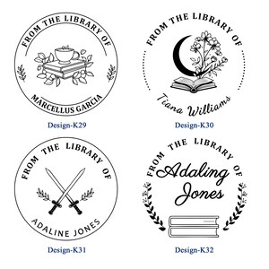 May include: Four circular library stamp designs with the text "From the Library of" and names. Designs include a cup on books, a crescent moon with flowers, crossed swords, and stacked books. Each design has a unique name and design number.