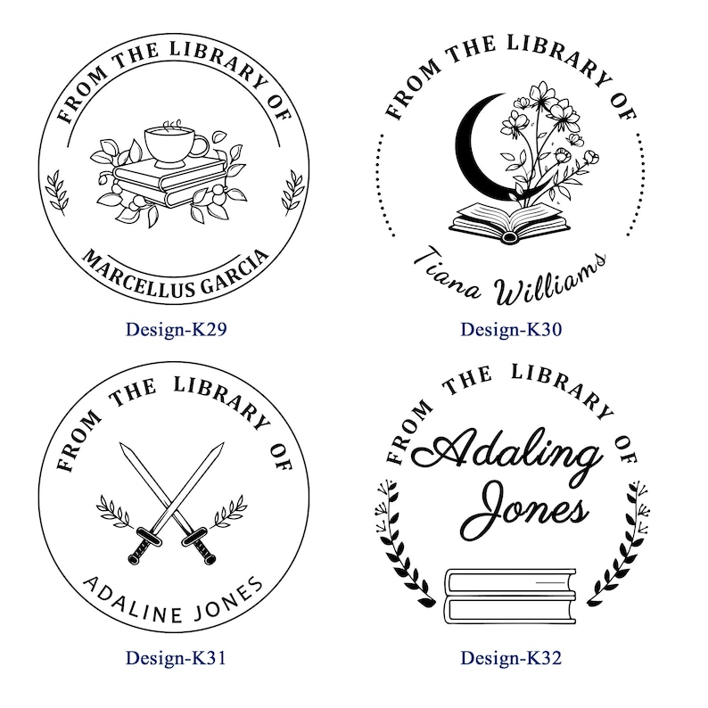 May include: Four circular library stamp designs with the text "From the Library of" and names. Designs include a cup on books, a crescent moon with flowers, crossed swords, and stacked books. Each design has a unique name and design number.